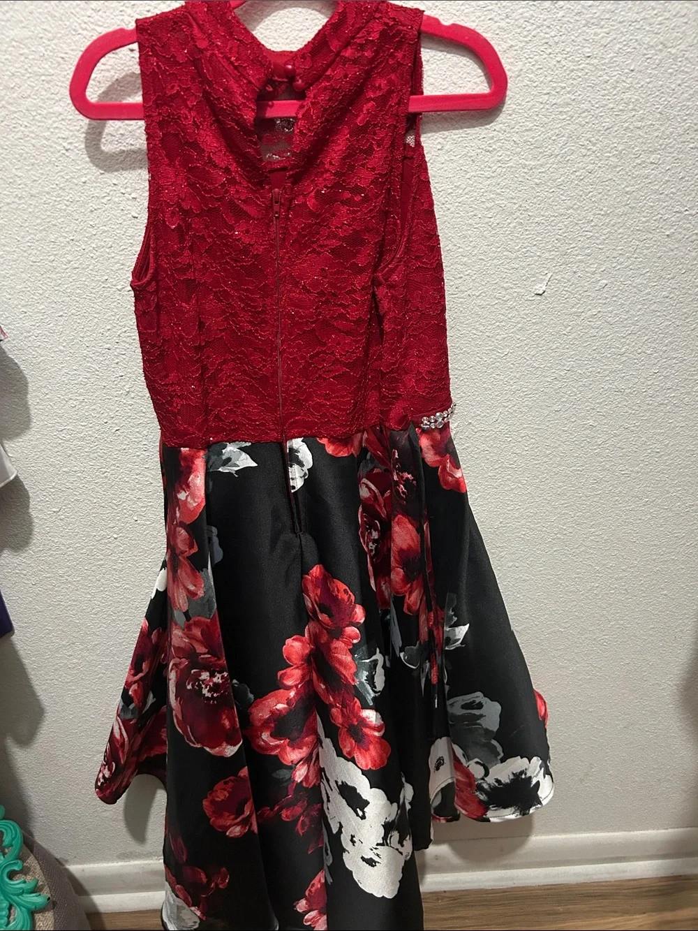 Speechless Red Lace Bodice Floral High-Low Dress with Jeweled Waist